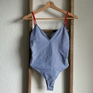 Zara One Piece Blue White Striped w/ Red Straps Swimsuit Sz: Med